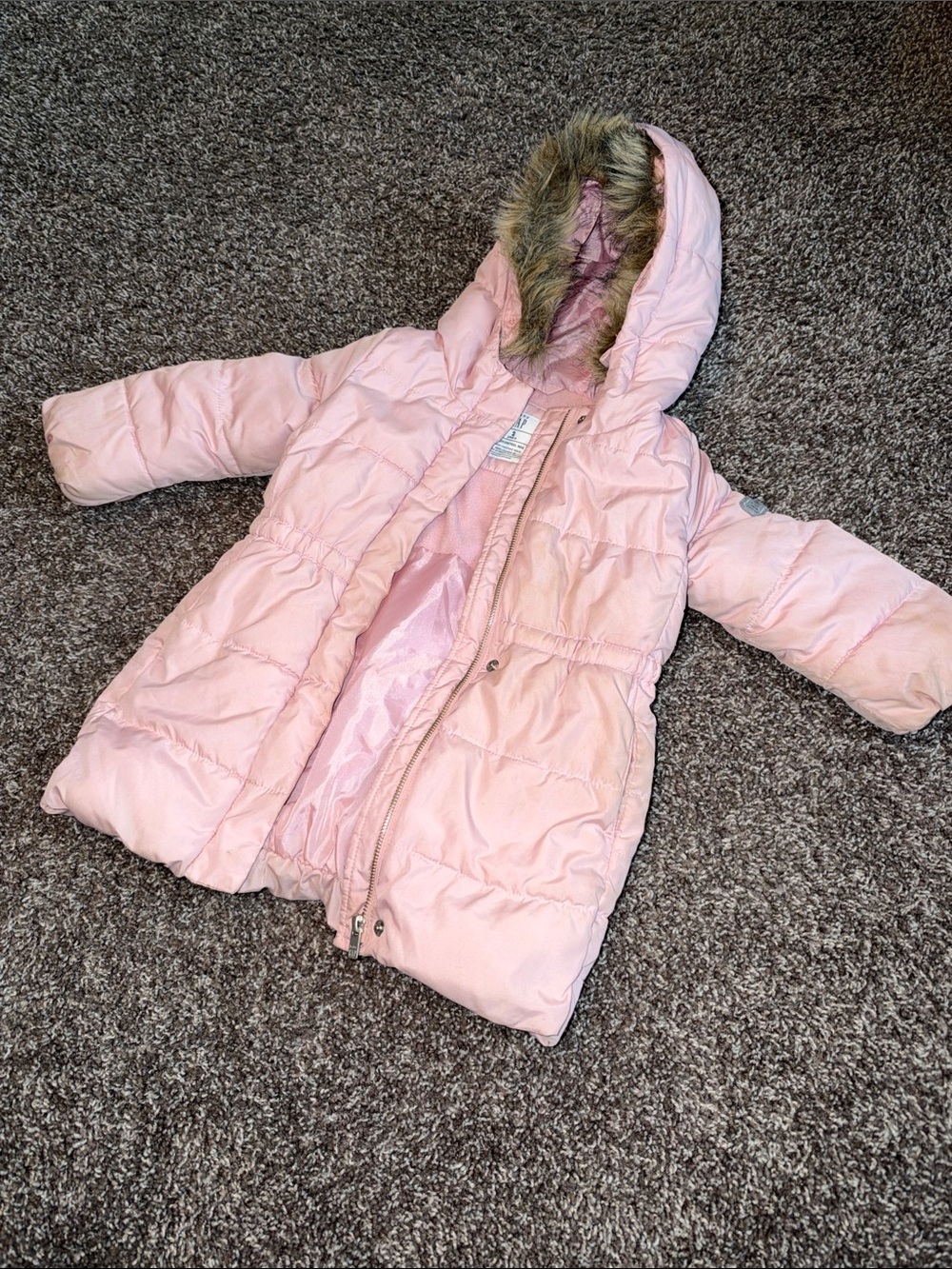 Gap Kids Pink Hooded Puffer Coat with Faux-Fur Trim